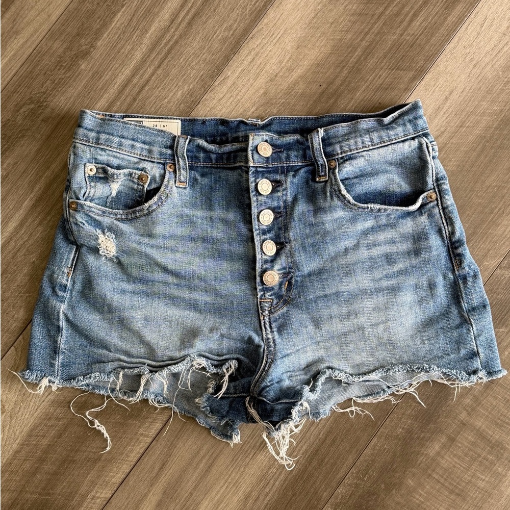 Gap 4" High Rise Cut Off Denim Shorts Button Fly Distressed Blue Sz 28 / 6